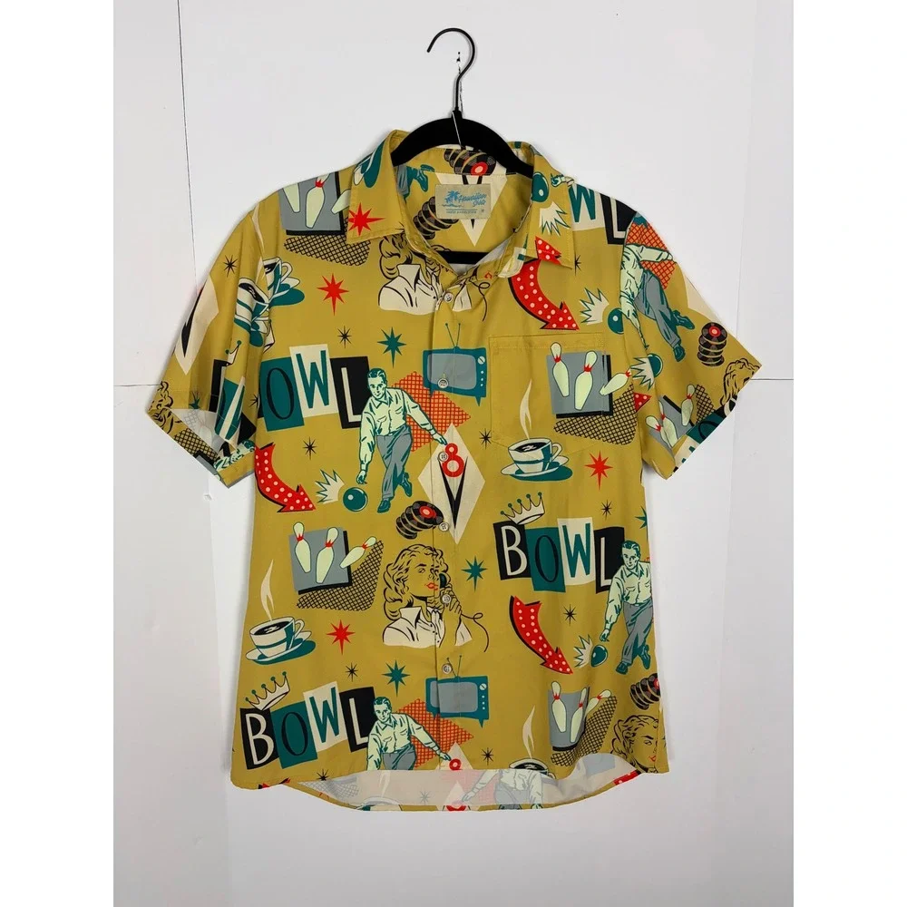 Royaura Bowling Graphic Retro Short Sleeve Button Down Shirt Size M